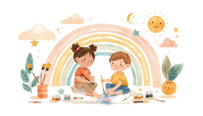 Niños y niñas jugando y creando